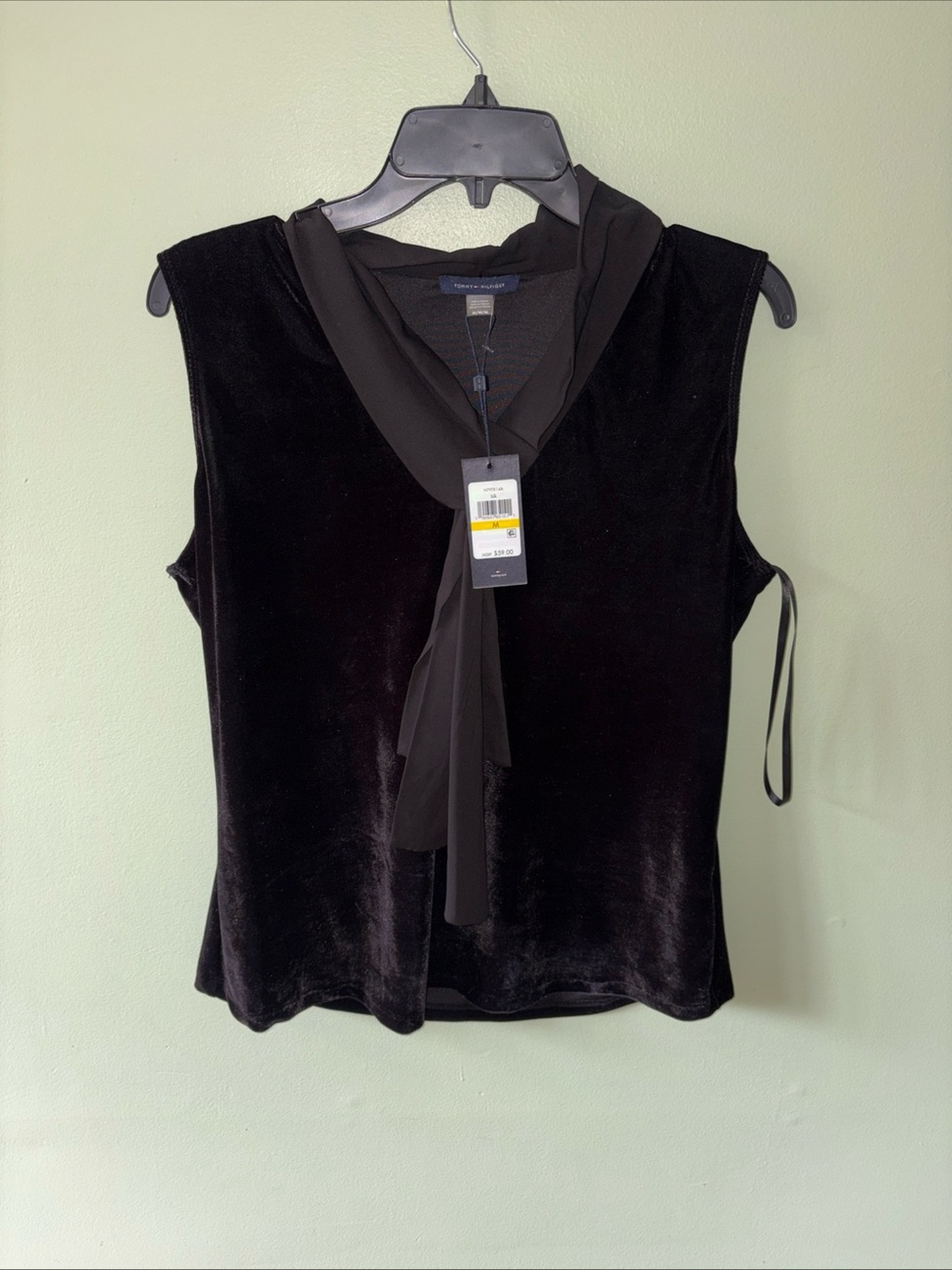 Tommy Hilfiger Velvet Sleeveless Top M Black Tie Neck Blouse Chiffon Scarf NWT